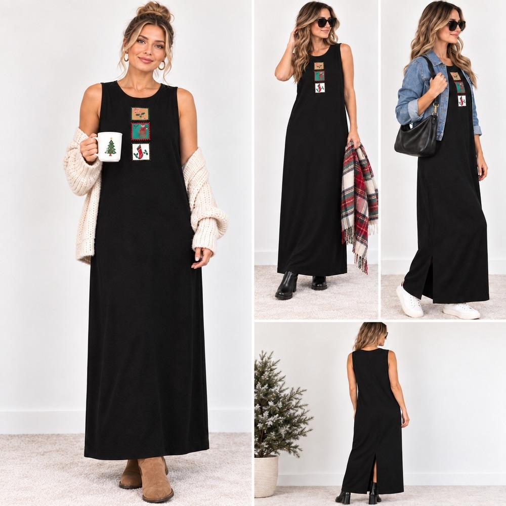 Westbound Christmas Maxi Dress Womens L Black Embroidered Holiday Vintage Cotton